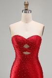 Vestido Curto de Boas-Vindas, Bodycon Vermelho Brilhante, Cortado em Pérolas, Sem Alças, com Bordas