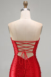 Vestido Curto de Boas-Vindas, Bodycon Vermelho Brilhante, Cortado em Pérolas, Sem Alças, com Bordas