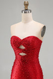 Vestido Curto de Boas-Vindas, Bodycon Vermelho Brilhante, Cortado em Pérolas, Sem Alças, com Bordas