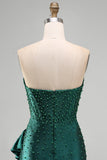 Espartilho bodycon verde escuro com pérolas com missangas Vestido de finalistas assimétrico com folhos