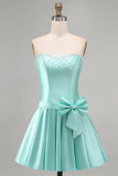 Vestido de baile de boas-vindas, perola sem alças, em cetim de menta, com laço