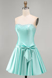 Vestido de baile de boas-vindas, perola sem alças, em cetim de menta, com laço