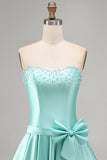 Vestido de baile de boas-vindas, perola sem alças, em cetim de menta, com laço