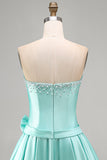 Vestido de baile de boas-vindas, perola sem alças, em cetim de menta, com laço
