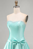 Vestido de baile de boas-vindas, perola sem alças, em cetim de menta, com laço