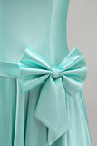 Vestido de baile de boas-vindas, perola sem alças, em cetim de menta, com laço