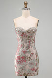 Flor cor-de-rosa Jacquard Corset Bodycon Lantejoulas Vestido Curto de Regresso a Casa Sem Alças