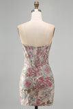 Flor cor-de-rosa Jacquard Corset Bodycon Lantejoulas Vestido Curto de Regresso a Casa Sem Alças