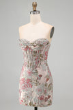 Flor cor-de-rosa Jacquard Corset Bodycon Lantejoulas Vestido Curto de Regresso a Casa Sem Alças