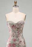 Flor cor-de-rosa Jacquard Corset Bodycon Lantejoulas Vestido Curto de Regresso a Casa Sem Alças
