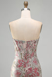 Flor cor-de-rosa Jacquard Corset Bodycon Lantejoulas Vestido Curto de Regresso a Casa Sem Alças