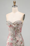 Flor cor-de-rosa Jacquard Corset Bodycon Lantejoulas Vestido Curto de Regresso a Casa Sem Alças