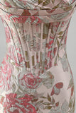 Flor cor-de-rosa Jacquard Corset Bodycon Lantejoulas Vestido Curto de Regresso a Casa Sem Alças