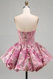Espartilho de Flor Vermelha Jacquard Vestido Curto de Regresso a Casa Sem Alças com Bainha Bolha