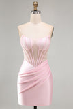 Vestido Curto de Boas-Vindas, Shorts de Boas-Vindas, Espartilho Rosa Transparente, Cetim Franzido, Bodycon