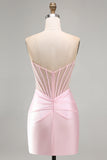 Vestido Curto de Boas-Vindas, Shorts de Boas-Vindas, Espartilho Rosa Transparente, Cetim Franzido, Bodycon