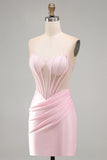 Vestido Curto de Boas-Vindas, Shorts de Boas-Vindas, Espartilho Rosa Transparente, Cetim Franzido, Bodycon