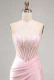 Vestido Curto de Boas-Vindas, Shorts de Boas-Vindas, Espartilho Rosa Transparente, Cetim Franzido, Bodycon