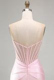 Vestido Curto de Boas-Vindas, Shorts de Boas-Vindas, Espartilho Rosa Transparente, Cetim Franzido, Bodycon