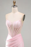 Vestido Curto de Boas-Vindas, Shorts de Boas-Vindas, Espartilho Rosa Transparente, Cetim Franzido, Bodycon