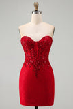 Espartilho de Lantejoulas Bodycon Bodycon Vermelho, Vestido Curto de Regresso a Casa com renda