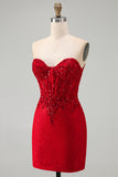 Espartilho de Lantejoulas Bodycon Bodycon Vermelho, Vestido Curto de Regresso a Casa com renda