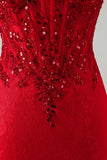 Espartilho de Lantejoulas Bodycon Bodycon Vermelho, Vestido Curto de Regresso a Casa com renda