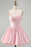 Vestido curto de regresso a casa, Corset A-Line cor-de-rosa, lantejoulas de cetim