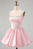 Vestido curto de regresso a casa, Corset A-Line cor-de-rosa, lantejoulas de cetim