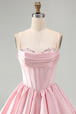 Vestido curto de regresso a casa, Corset A-Line cor-de-rosa, lantejoulas de cetim