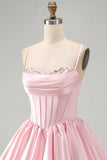 Vestido curto de regresso a casa, Corset A-Line cor-de-rosa, lantejoulas de cetim