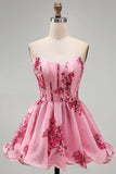 Vestido Curto de Finalistas Corselado, Corset Rosa A Line Sem Alças com Bainha Folhosa Estampado Floral
