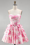 Vestido Curto de Finalistas, Curta de Homecoming com Espartilho Corselado, Linha A, Espartilho Rosa, Estampado Floral com Folhos e Estampado