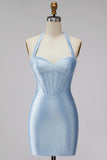 Vestido Curto de Regresso ao Casal, Espartilho Azul Claro, Espartilho Justo, com Bordas