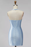 Vestido Curto de Regresso ao Casal, Espartilho Azul Claro, Espartilho Justo, com Bordas