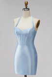 Vestido Curto de Regresso ao Casal, Espartilho Azul Claro, Espartilho Justo, com Bordas