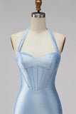 Vestido Curto de Regresso ao Casal, Espartilho Azul Claro, Espartilho Justo, com Bordas