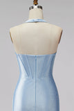 Vestido Curto de Regresso ao Casal, Espartilho Azul Claro, Espartilho Justo, com Bordas