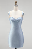 Vestido curto de regresso a casa azul bodycon alças grossas Sweetheart Curto com Missangas