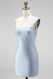 Vestido curto de regresso a casa azul bodycon alças grossas Sweetheart Curto com Missangas