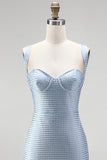 Vestido curto de regresso a casa azul bodycon alças grossas Sweetheart Curto com Missangas