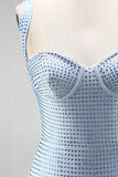 Vestido curto de regresso a casa azul bodycon alças grossas Sweetheart Curto com Missangas