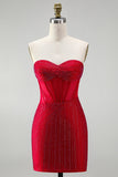 Vestido Curto de Regresso ao Casal, Corset Bodycon Bodycon Vermelho e Borda nas Costas