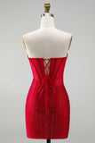 Vestido Curto de Regresso ao Casal, Corset Bodycon Bodycon Vermelho e Borda nas Costas