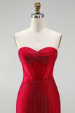 Vestido Curto de Regresso ao Casal, Corset Bodycon Bodycon Vermelho e Borda nas Costas