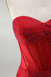 Vestido Curto de Regresso ao Casal, Corset Bodycon Bodycon Vermelho e Borda nas Costas
