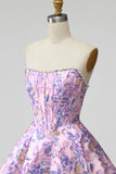 Vestido curto de regresso a casa sem alças Espartilho Floral Jacquard Pérolas Florais de Linha A