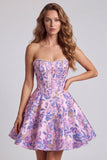 Vestido curto de regresso a casa sem alças Espartilho Floral Jacquard Pérolas Florais de Linha A
