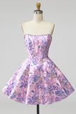 Vestido curto de regresso a casa sem alças Espartilho Floral Jacquard Pérolas Florais de Linha A