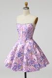 Vestido curto de regresso a casa sem alças Espartilho Floral Jacquard Pérolas Florais de Linha A